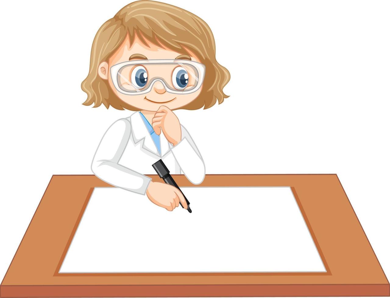 Linda chica vistiendo uniforme científico escribiendo en papel en blanco vector