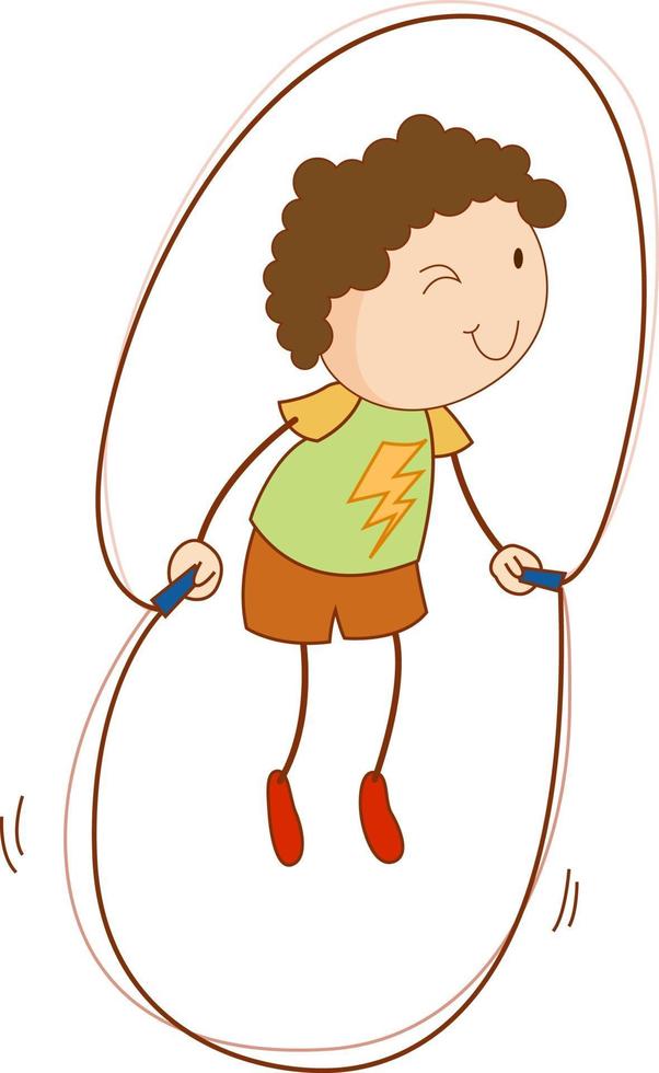 Un niño doodle saltando la cuerda personaje de dibujos animados aislado vector