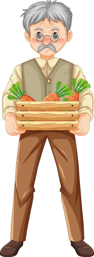 Old farmer man holding wooden crate of carrots isolated vector