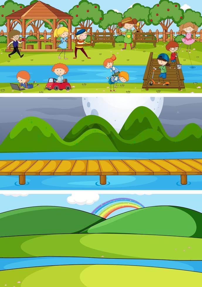 Conjunto de fondo de diferentes escenas horizontales con personaje de dibujos animados de niños doodle vector