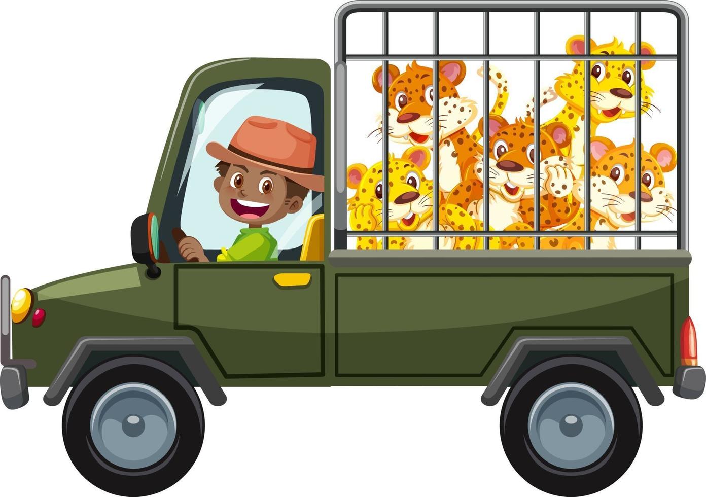 Zoo concept with leopard group in the cage car isolated on white background vector