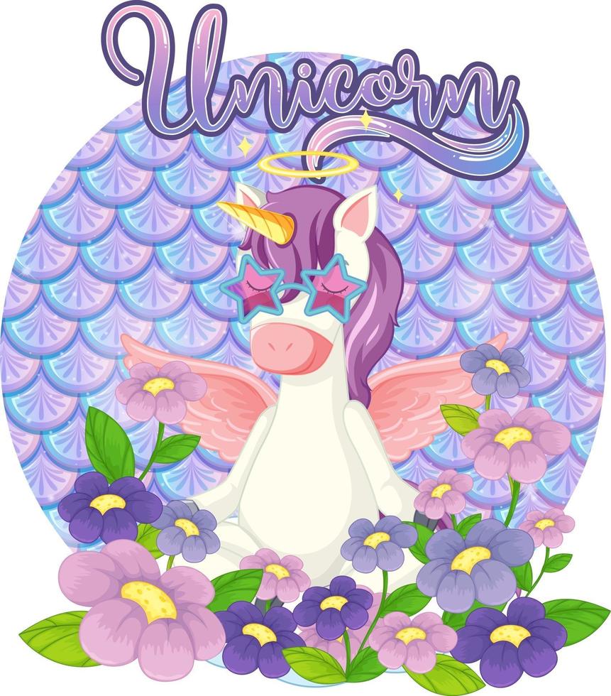 Unicorn cartoon character on pastel scales background isolated vector