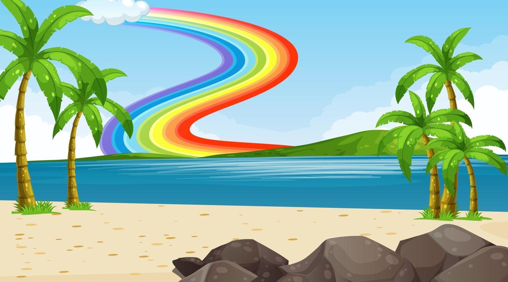 escena de paisaje de playa con arco iris en el cielo vector