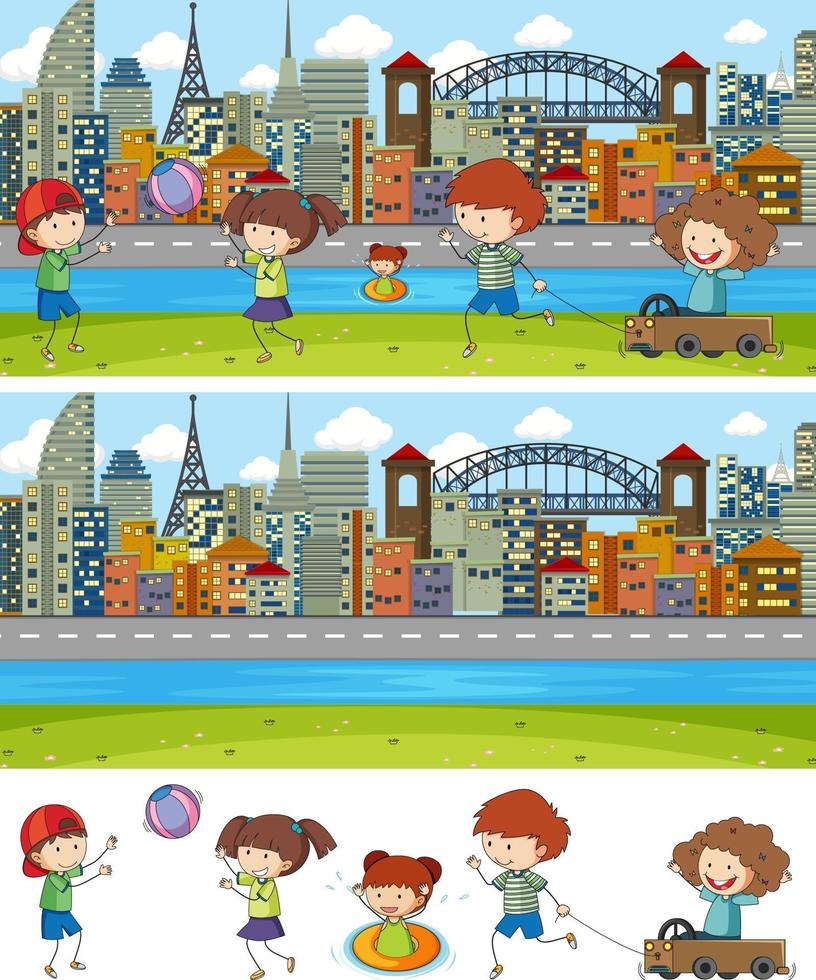 Set of different horizontal scenes background with doodle kids cartoon character vector