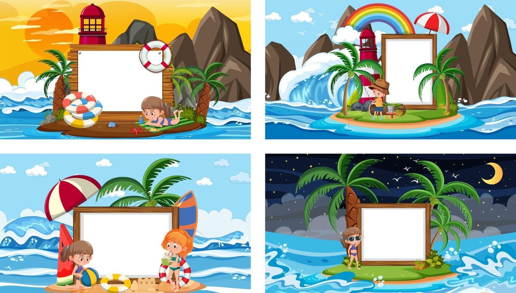 conjunto de diferentes escenas de playa tropical con banner en blanco vector