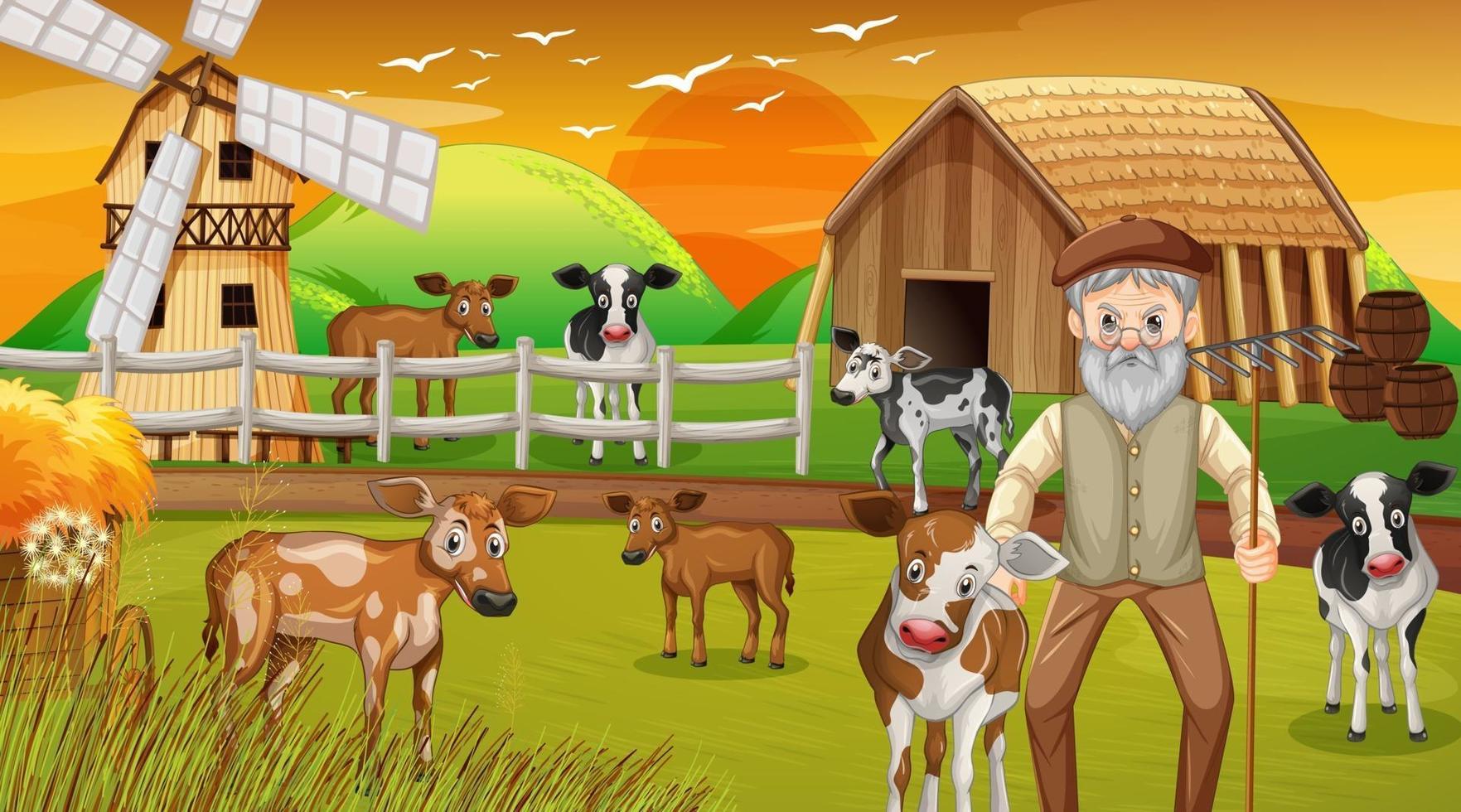 Farm at sunset time scene with old farmer man and farm animals vector