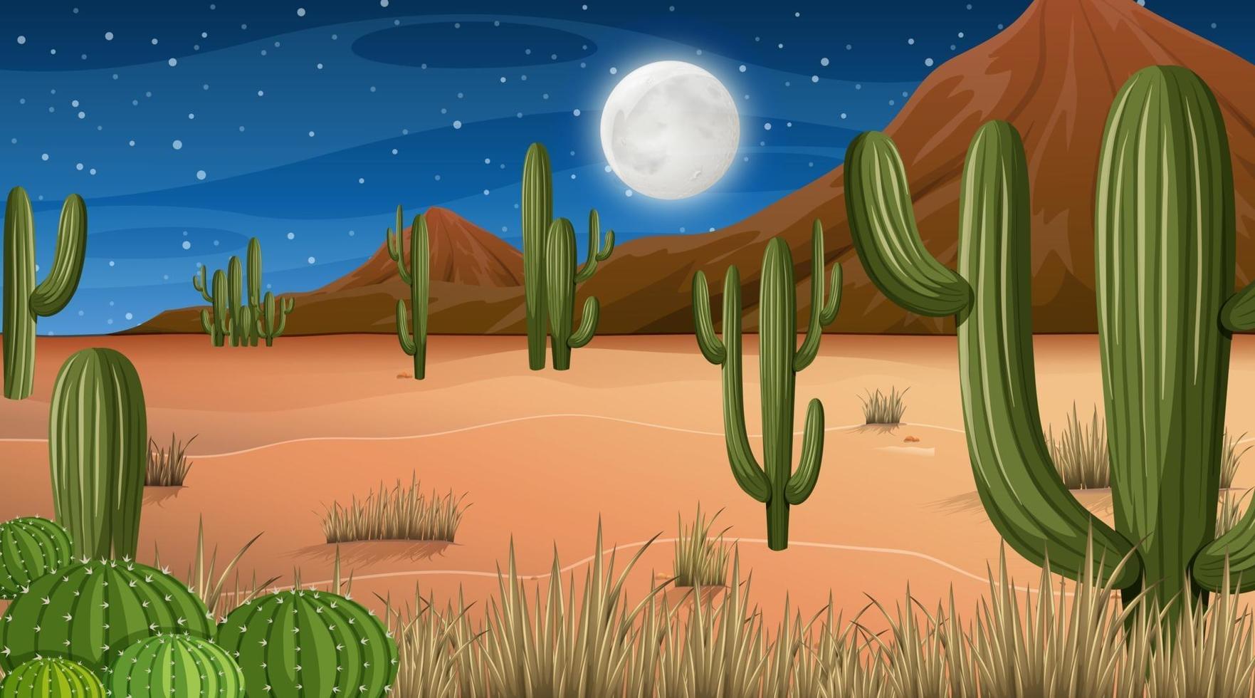 Desert forest landscape at night scene with many cactus vector