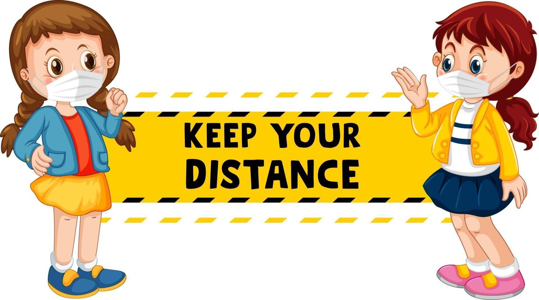 Keep your distance font design with two kids keeping social distance isolated on white background vector