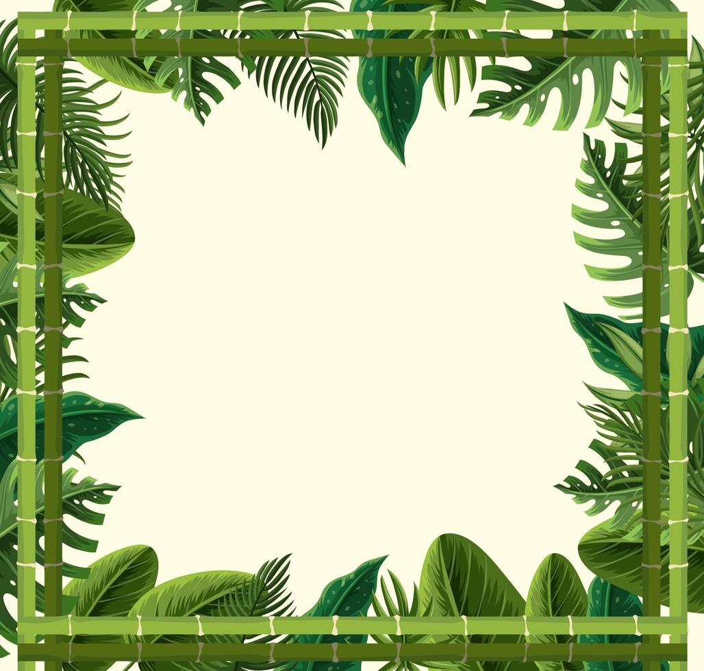 Banner vacío con marco de bambú verde y hojas tropicales. vector