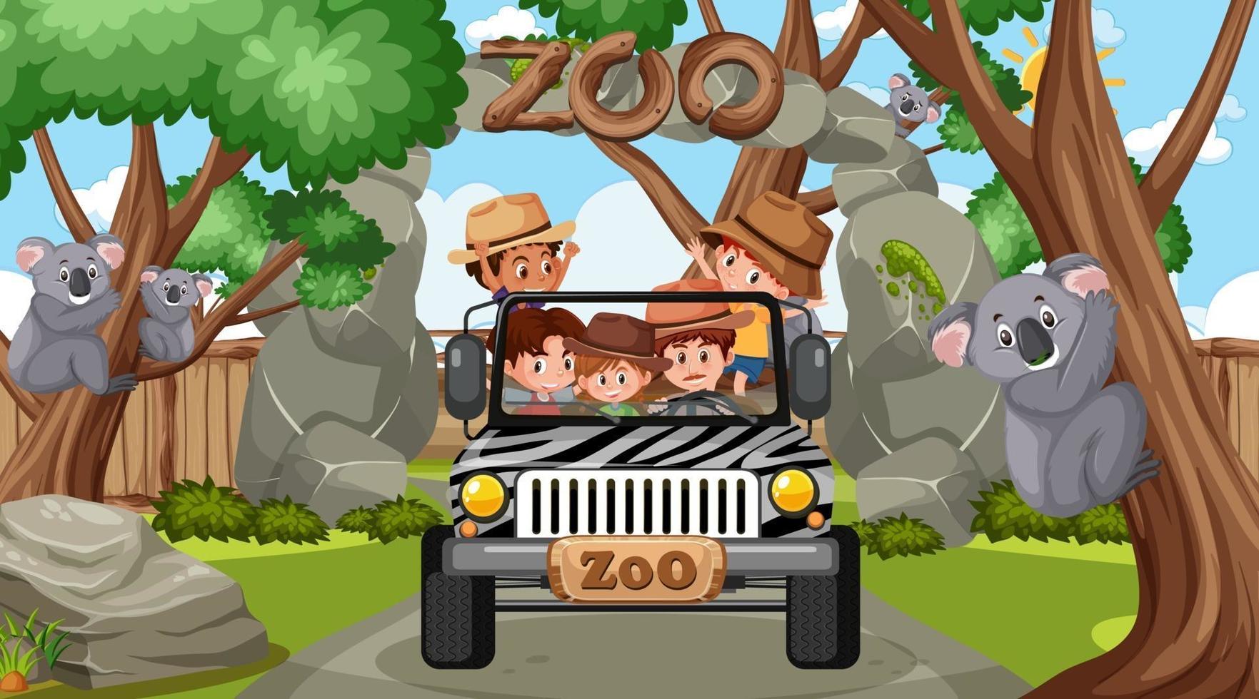 Safari scene with kids on tourist car watching koala group vector