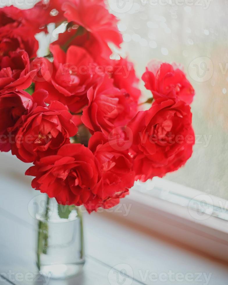 Bouquet of red roses on the background of the window photo