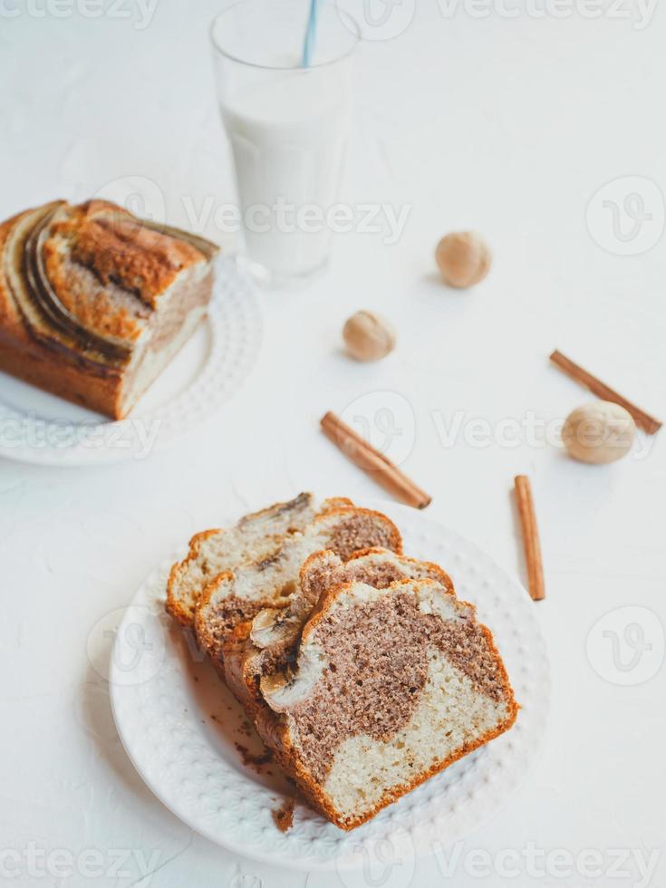 Homemade banana bread with cinnamon and walnuts. photo