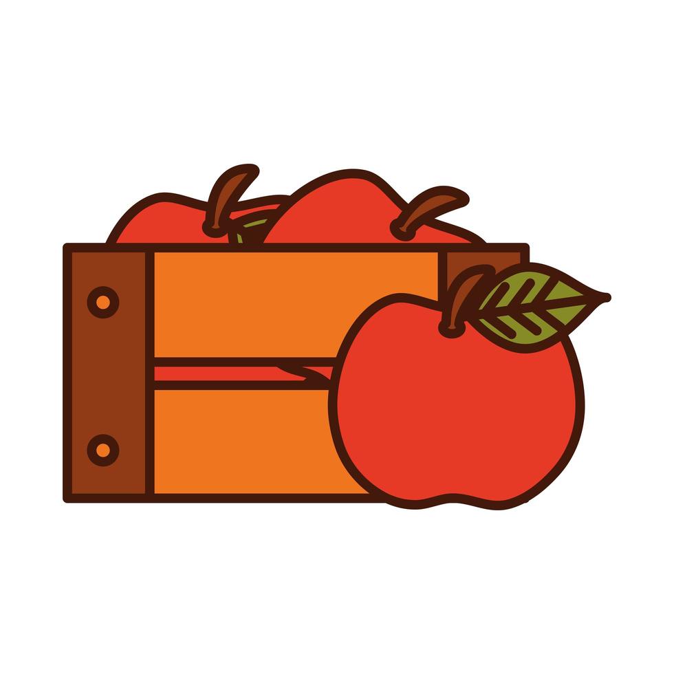 cosechar manzanas, fruta, en, cesta de madera, línea, y, llenar, icono vector