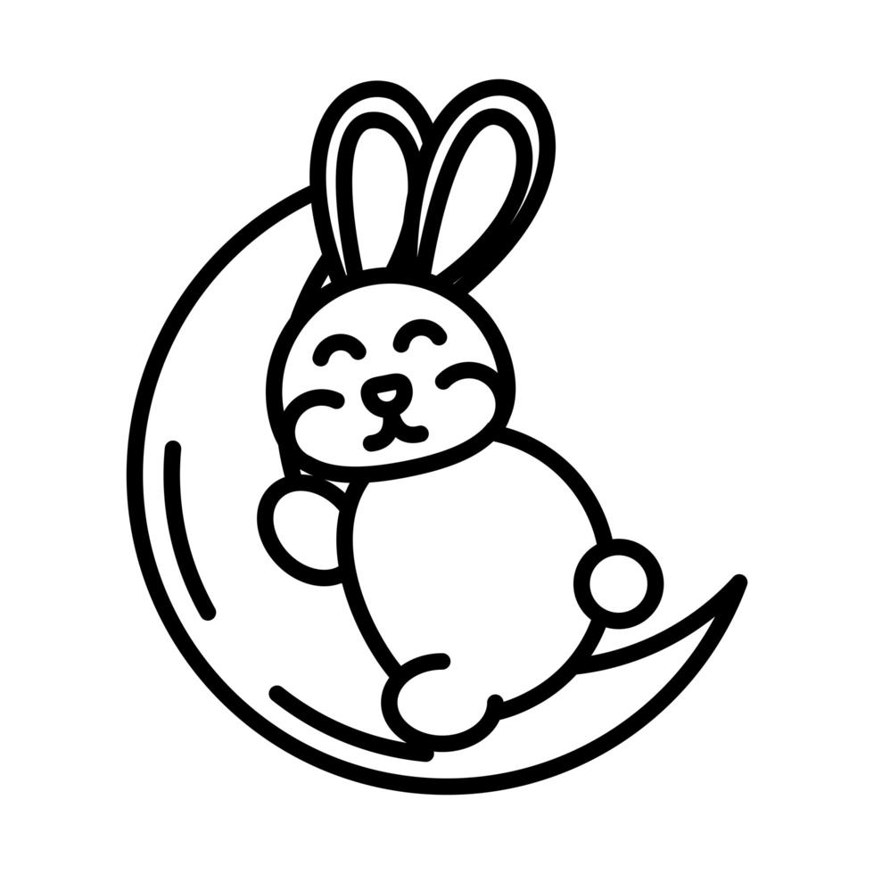 happy mid autumn festival cute bunny sleeping on moon cartoon line style design vector