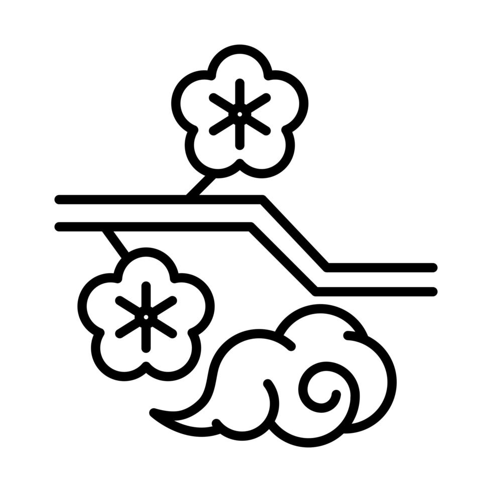 sakura flowers branch tree cloud white background cartoon line style design vector
