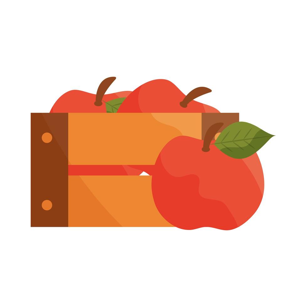 cosechar manzanas, fruta, en, canasta de madera, plano, icono, con, sombra vector