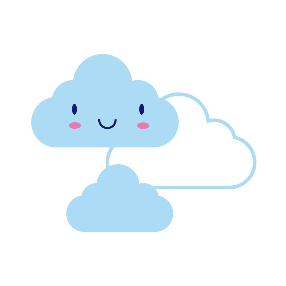 nubes, cielo, kawaii, cómico, carácter, plano, estilo vector