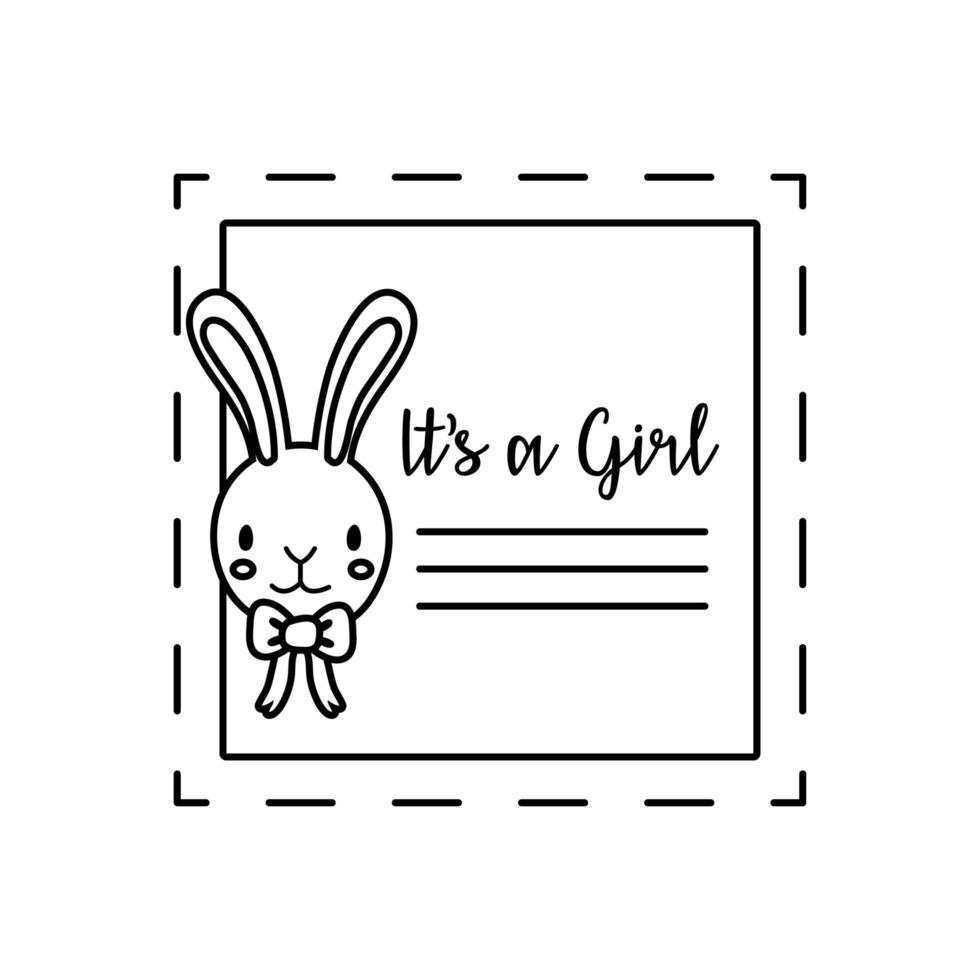 baby shower frame card with rabbit and lettering its a girl line style vector