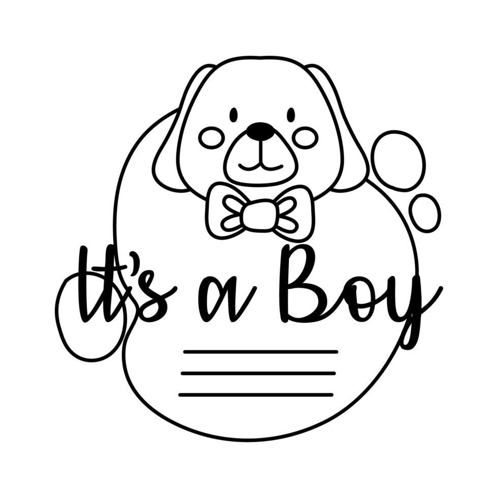 baby shower frame card with little dog and its a boy lettering line style vector