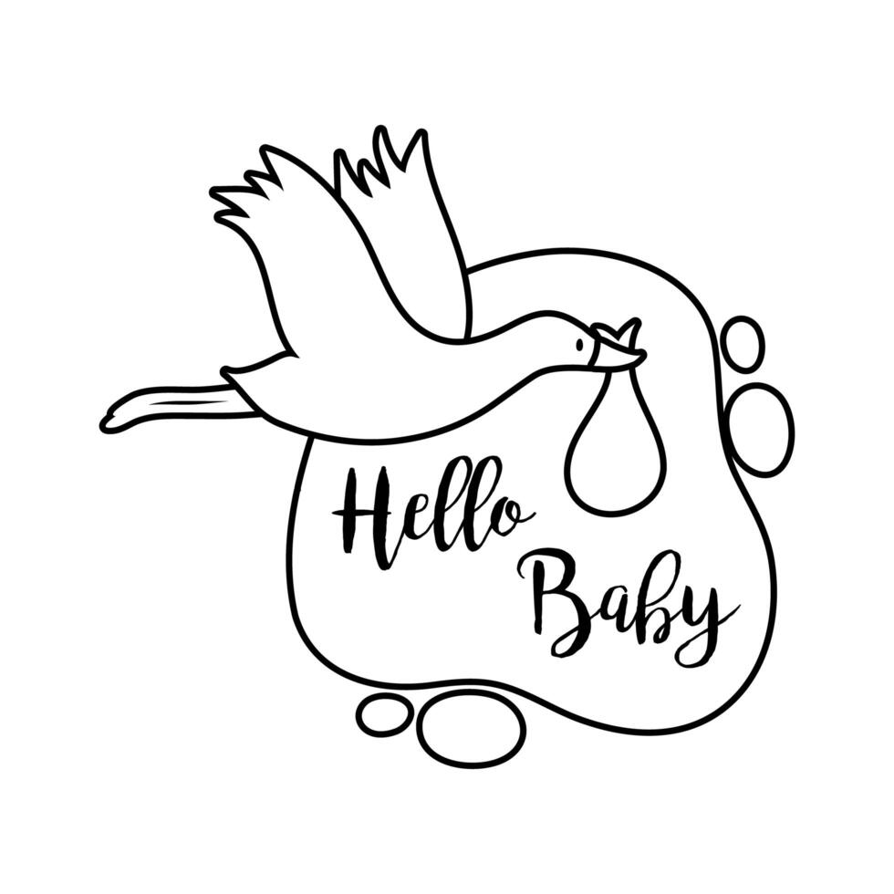 baby shower frame card with stoek flying and hello baby lettering line style vector