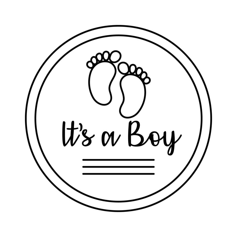 baby shower frame card with foot print and lettering its a boy line style vector