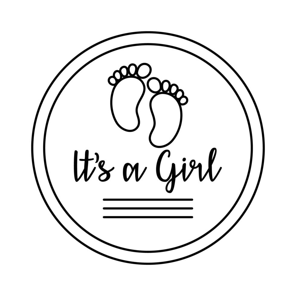 baby shower frame card with footprint and lettering its a girl line style vector