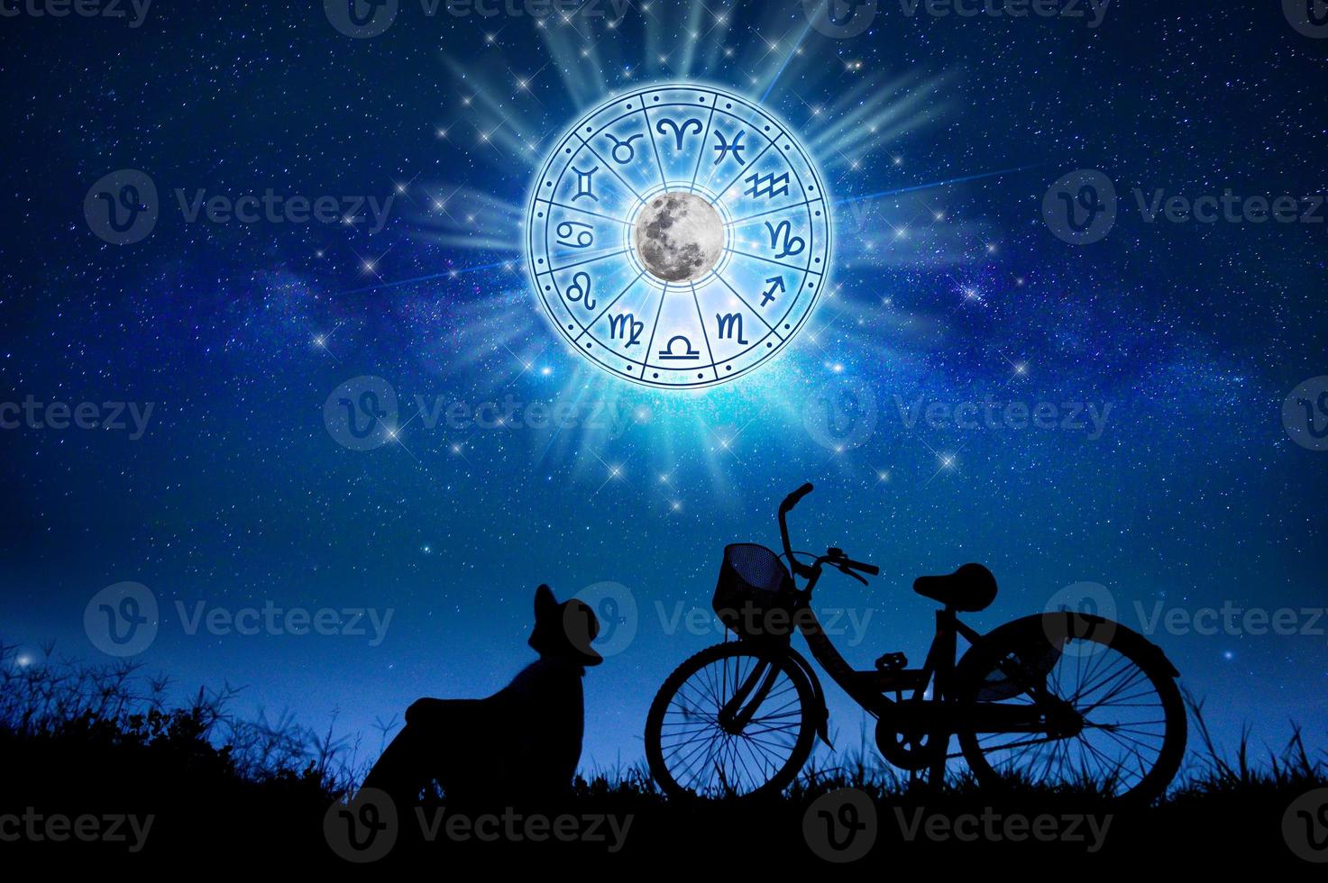 Zodiac signs inside of horoscope circle. Astrology in the sky with many stars and moons  astrology and horoscopes concept photo