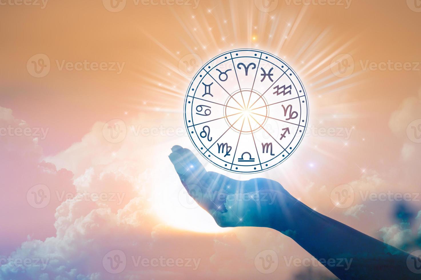 Zodiac signs inside of horoscope circle. Astrology in the sky with many stars and moons  astrology and horoscopes concept photo