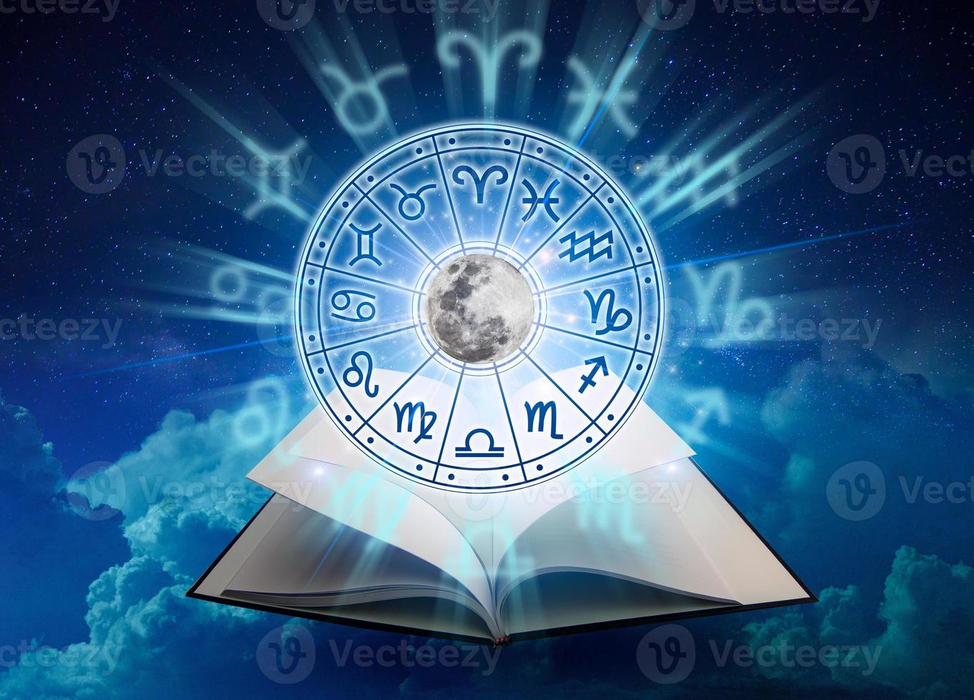 Zodiac signs inside of horoscope circle. Astrology in the sky with many stars and moons  astrology and horoscopes concept photo