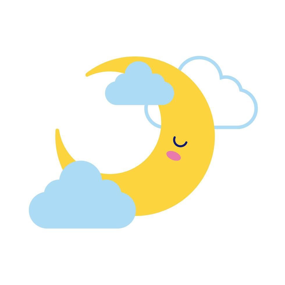 Feliz luna creciente con nubes estilo plano de carácter kawaii vector