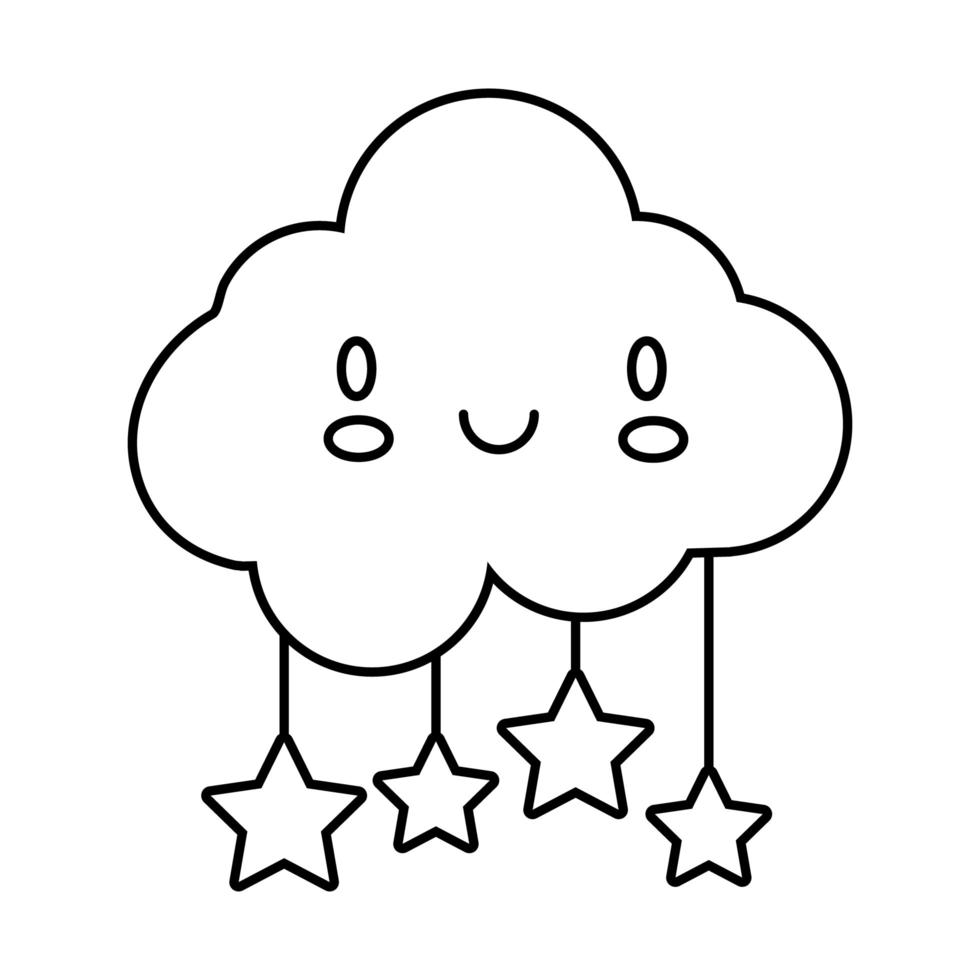 cloud sky with stars hanging kawaii comic character line style vector