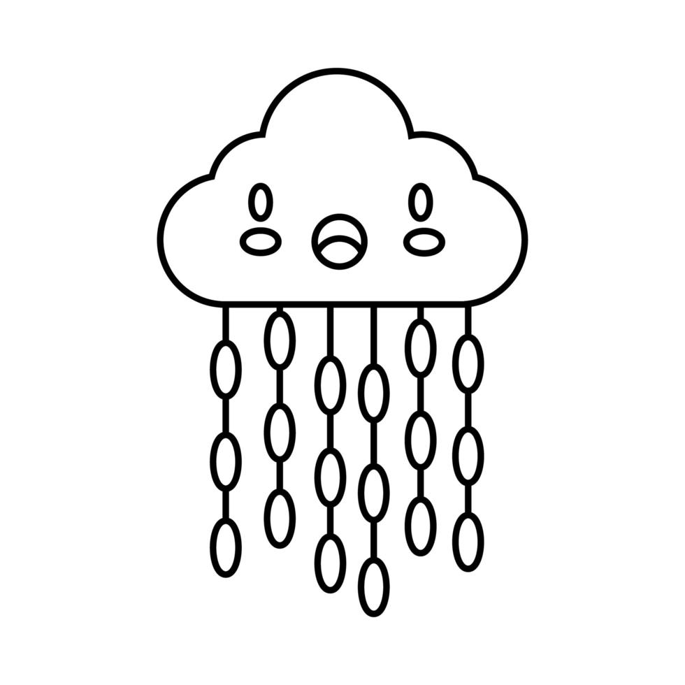 Nube con gotas de lluvia colgando estilo de línea de carácter cómico kawaii vector