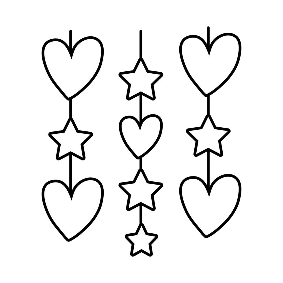 corazones amor y estrellas colgando iconos de estilo de línea vector