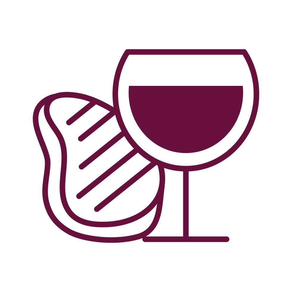 wine cup and meat steak line style icon vector