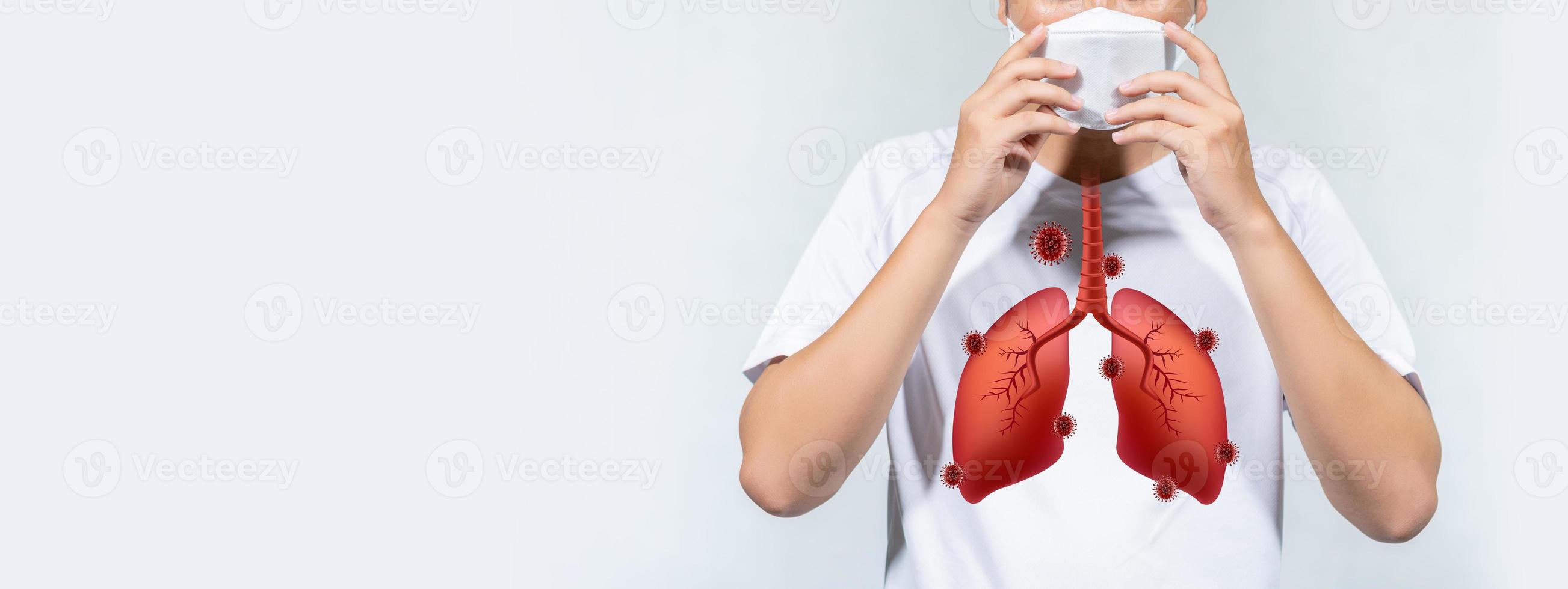 People wearing a mask with a lung attached to Corona virus are coughing on a white background photo