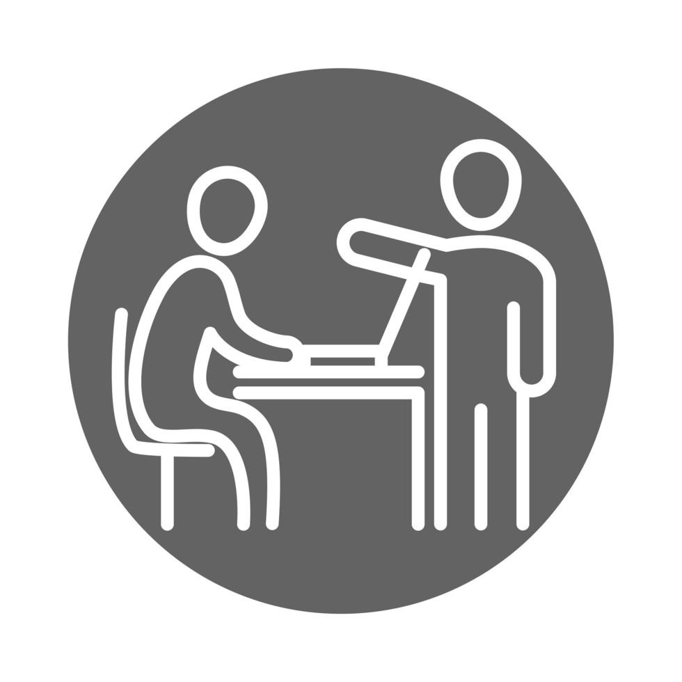 colleagues in company laptop in the desk coworking office business workspace block and line icon vector