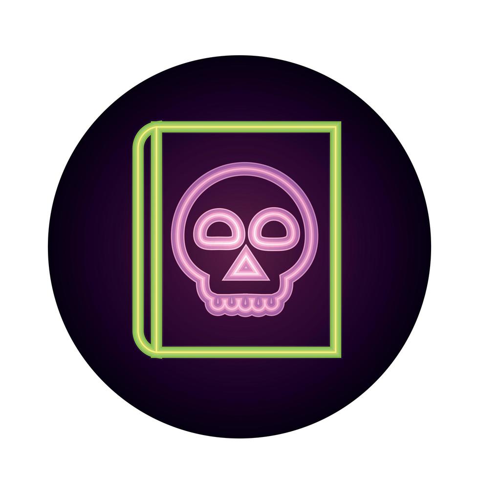 happy halloween spell book with skull trick or treat party celebration neon icon style vector