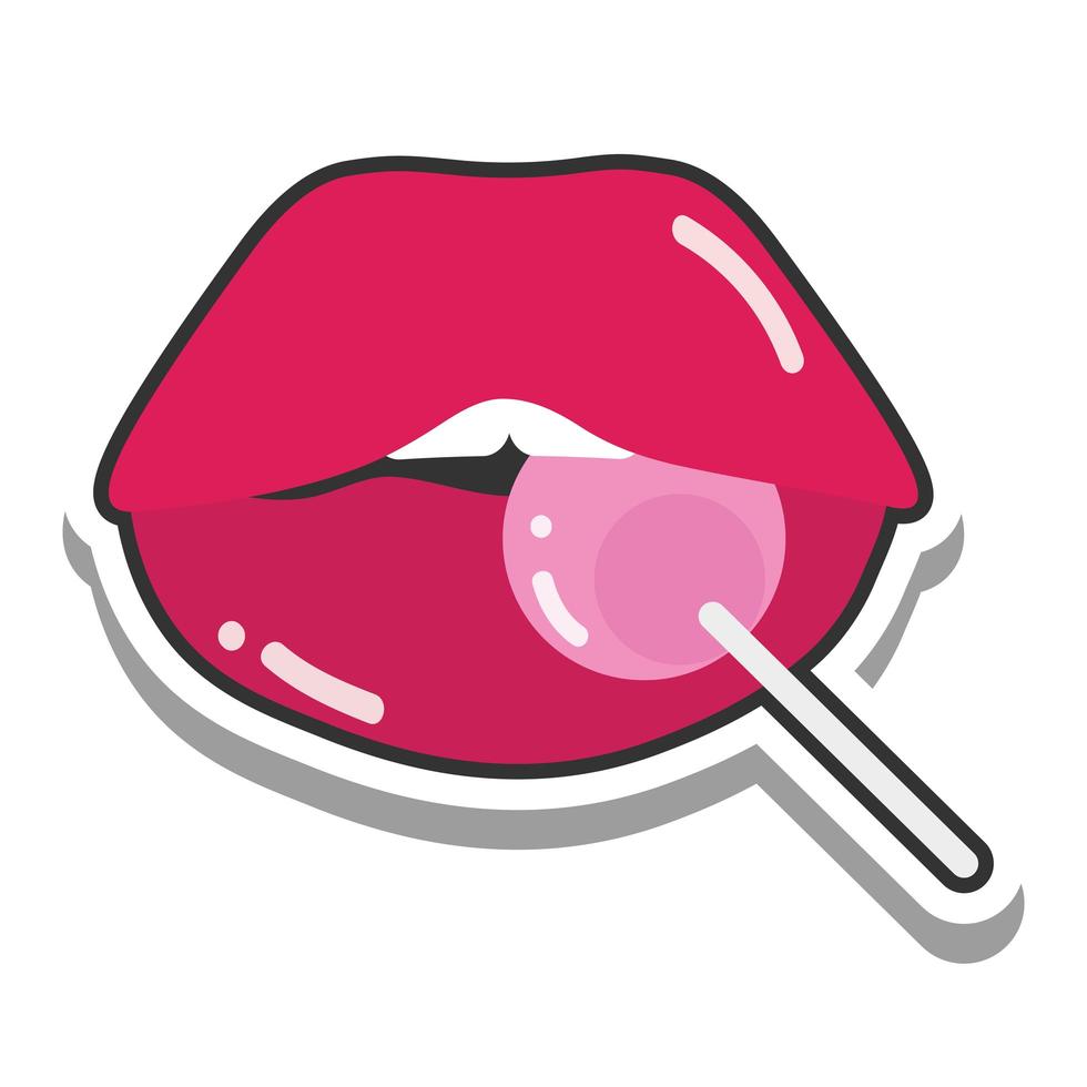 boca y labios de arte pop boca sexy con dulces en línea de palo e icono de relleno vector
