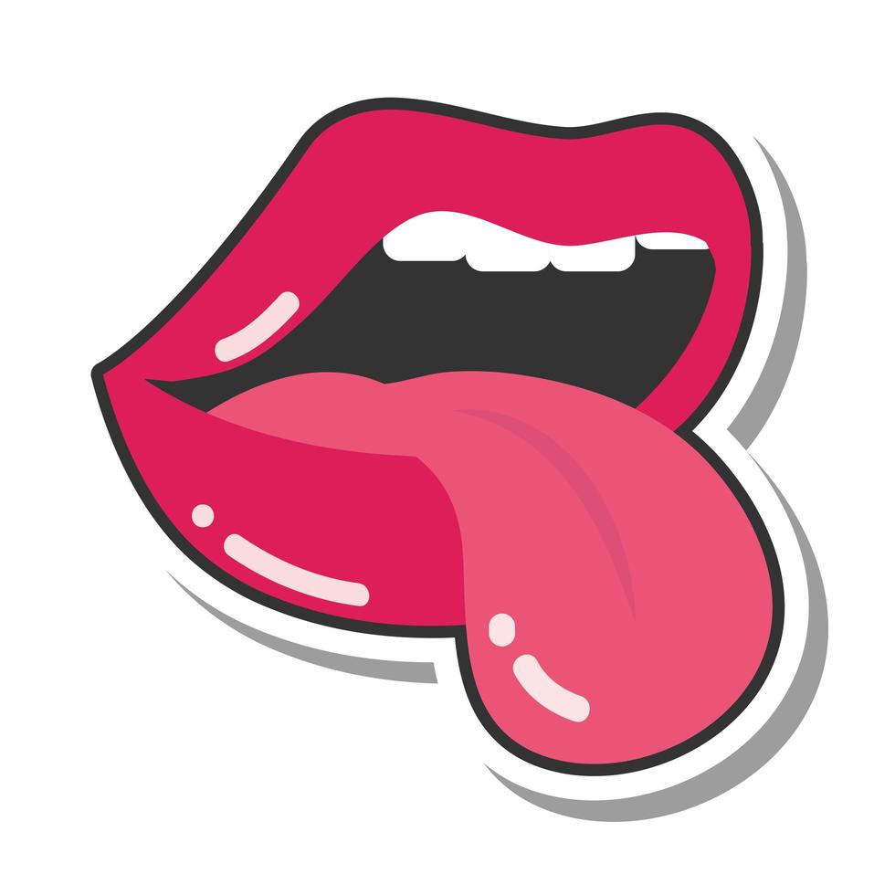 pop art mouth and lips cartoon red lips and togue out line and fill icon vector