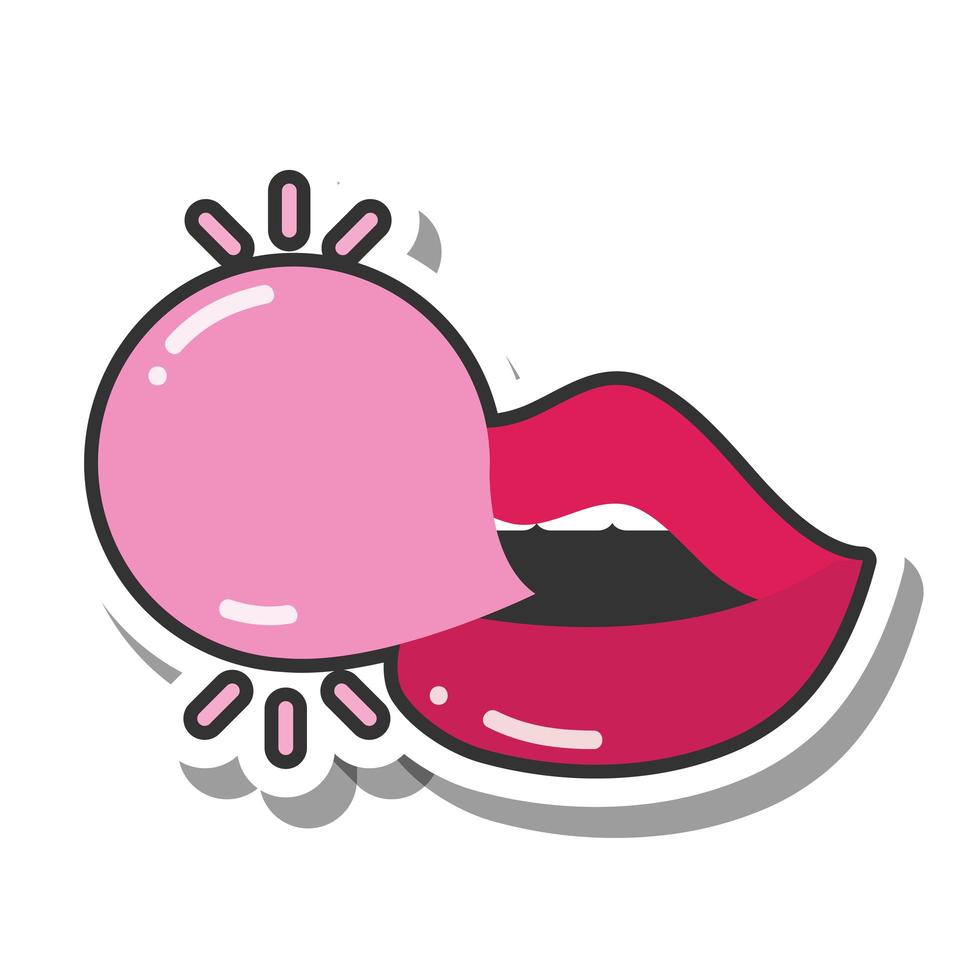 boca y labios de arte pop boca sexy con línea de chicle e icono de relleno vector