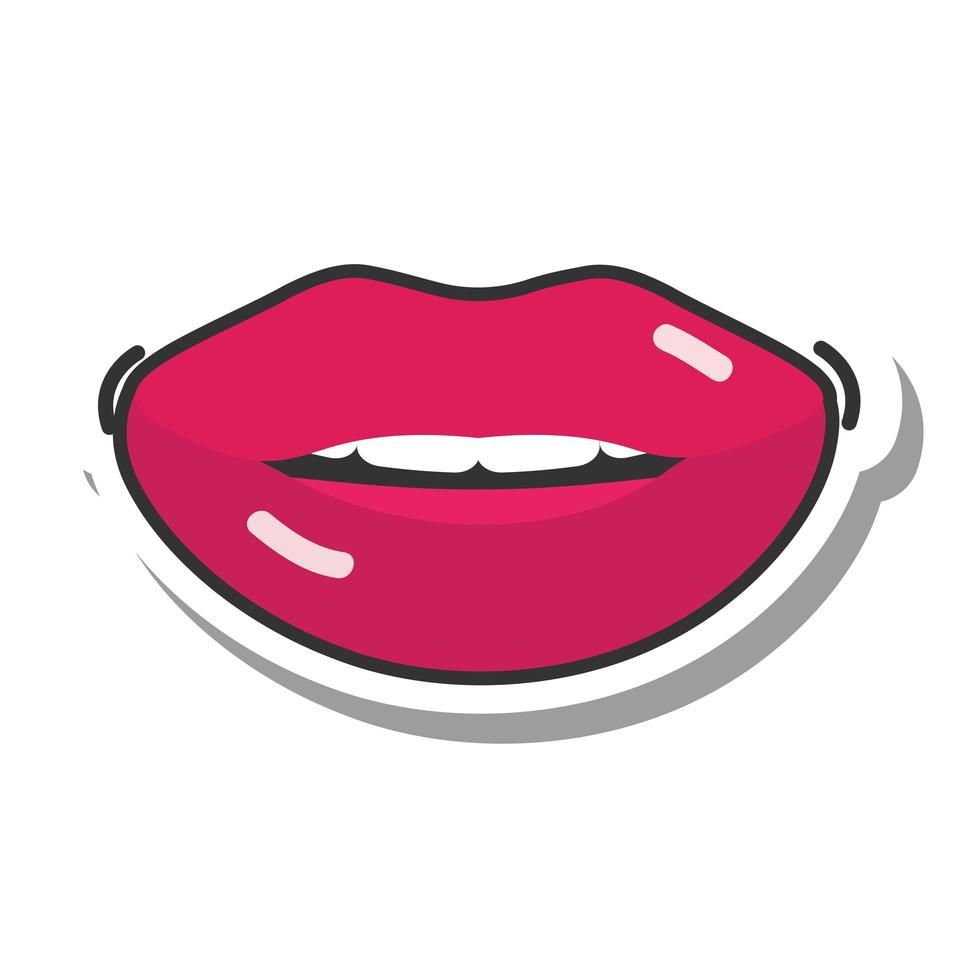 boca y labios de arte pop boca de mujer sexy línea de pegatinas e icono de relleno vector