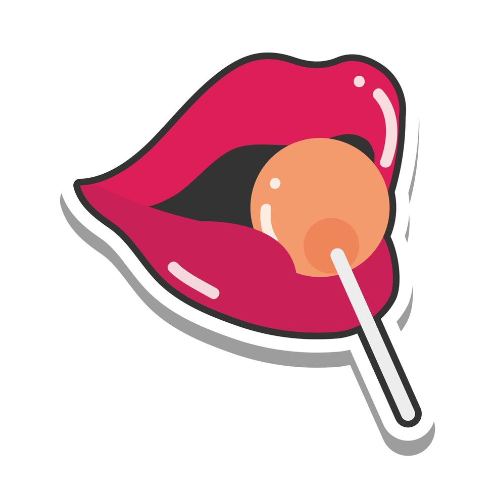 pop art mouth and lips mouth with candy in stick line and fill icon vector