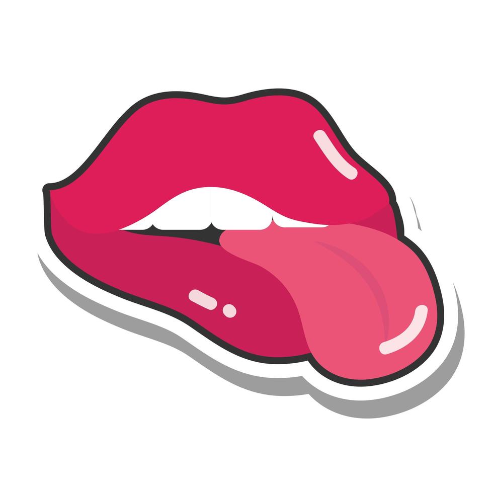 pop art mouth and lips female full mouth tongue out line and fill icon vector