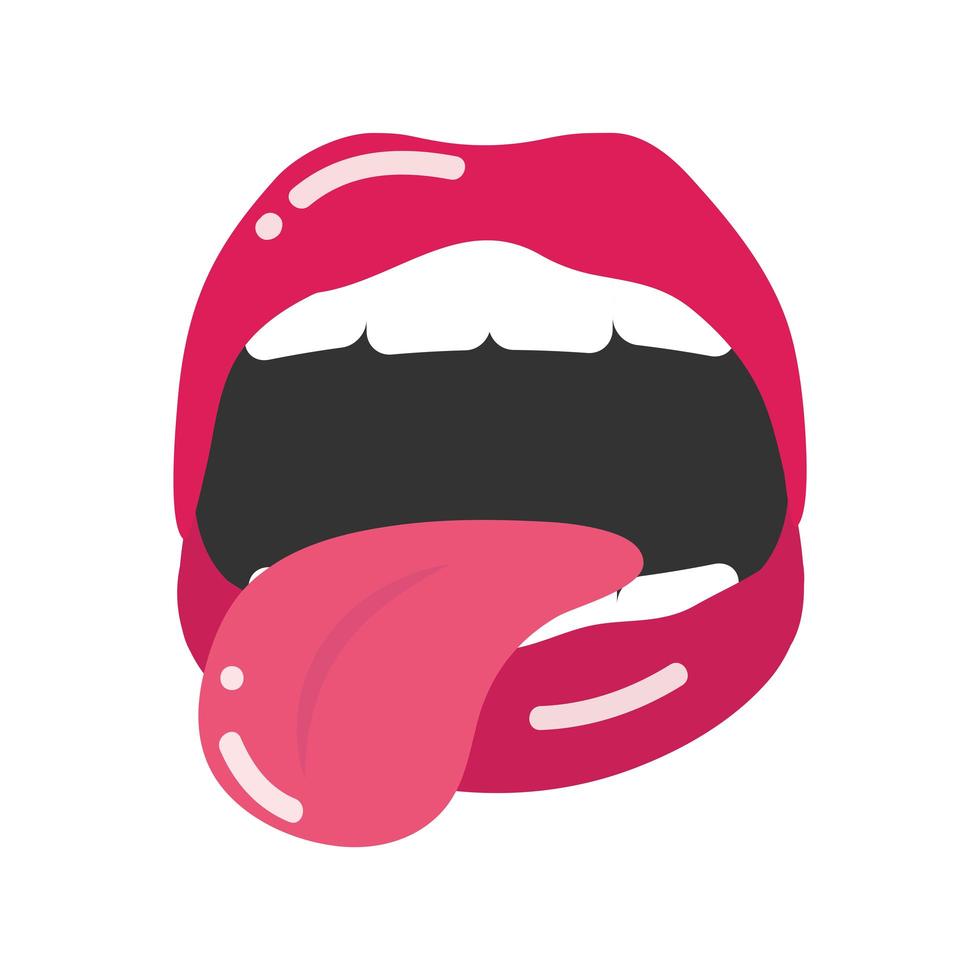 Arte pop boca y labios dibujos animados labios brillantes lengua fuera diseño de icono plano vector