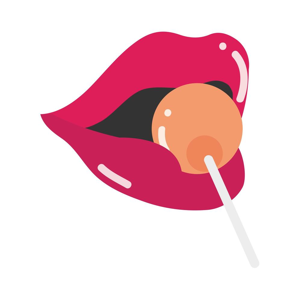 boca de arte pop y boca de labios con dulces en diseño de icono plano de palo vector