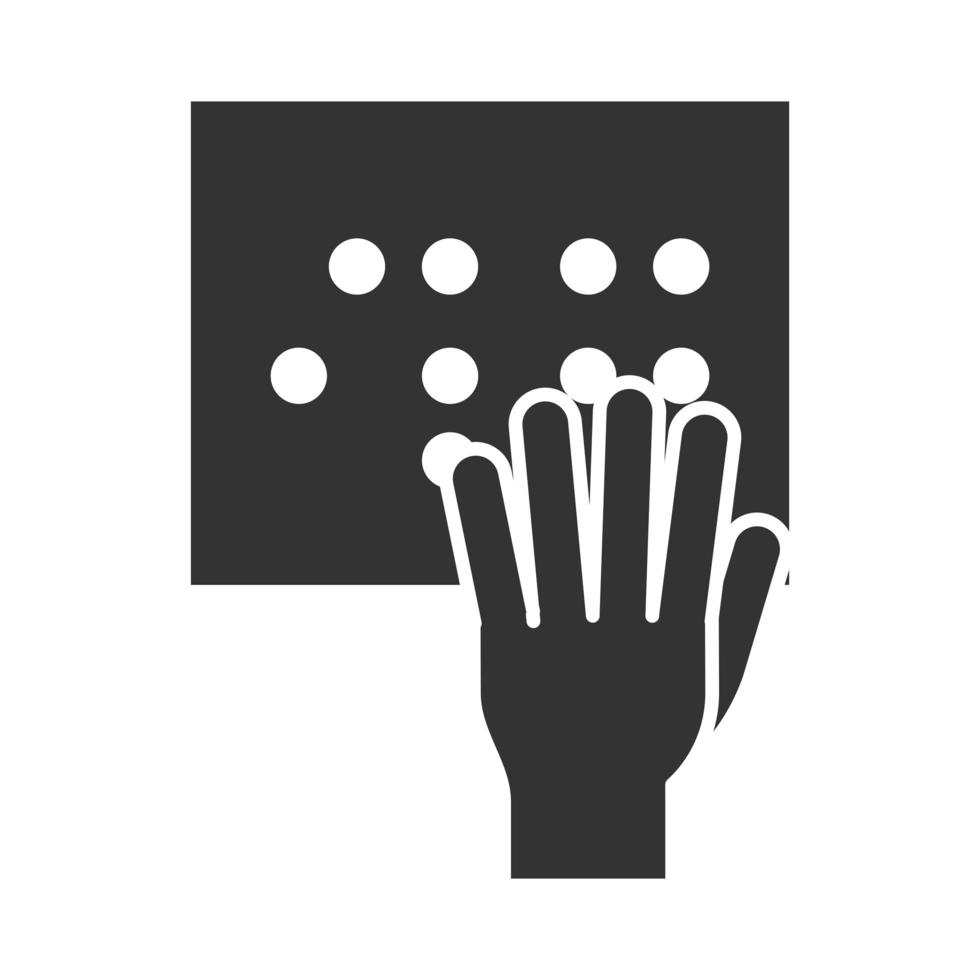 hand with paper written in braille world disability day silhouette icon design vector
