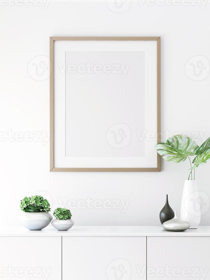 3d rendering of mock up Interior design for living room with picture frame on white wall photo