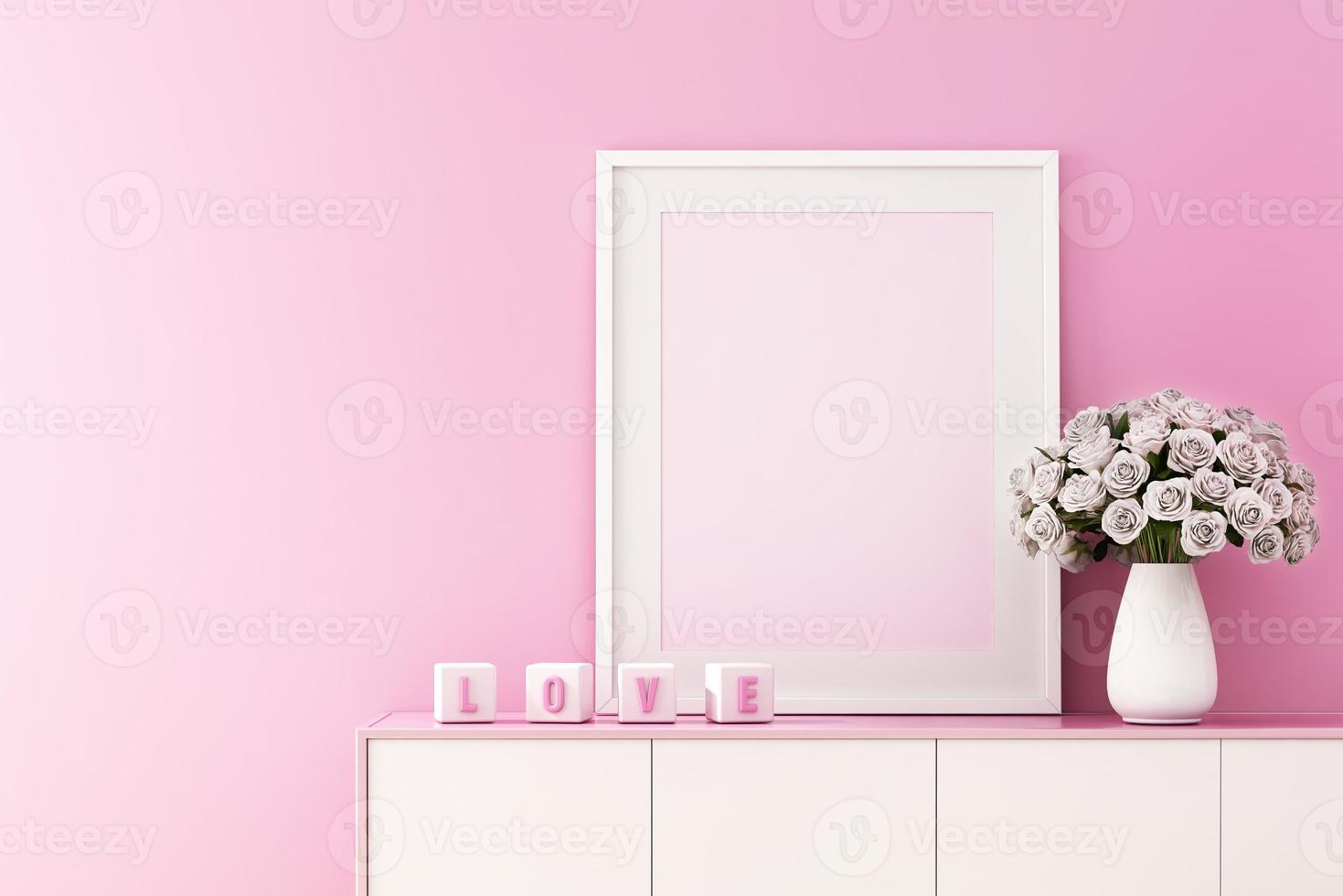 Representación 3D de maqueta de diseño de interiores para sala de estar con marco de imagen en la pared rosa, fondo del día de San Valentín foto