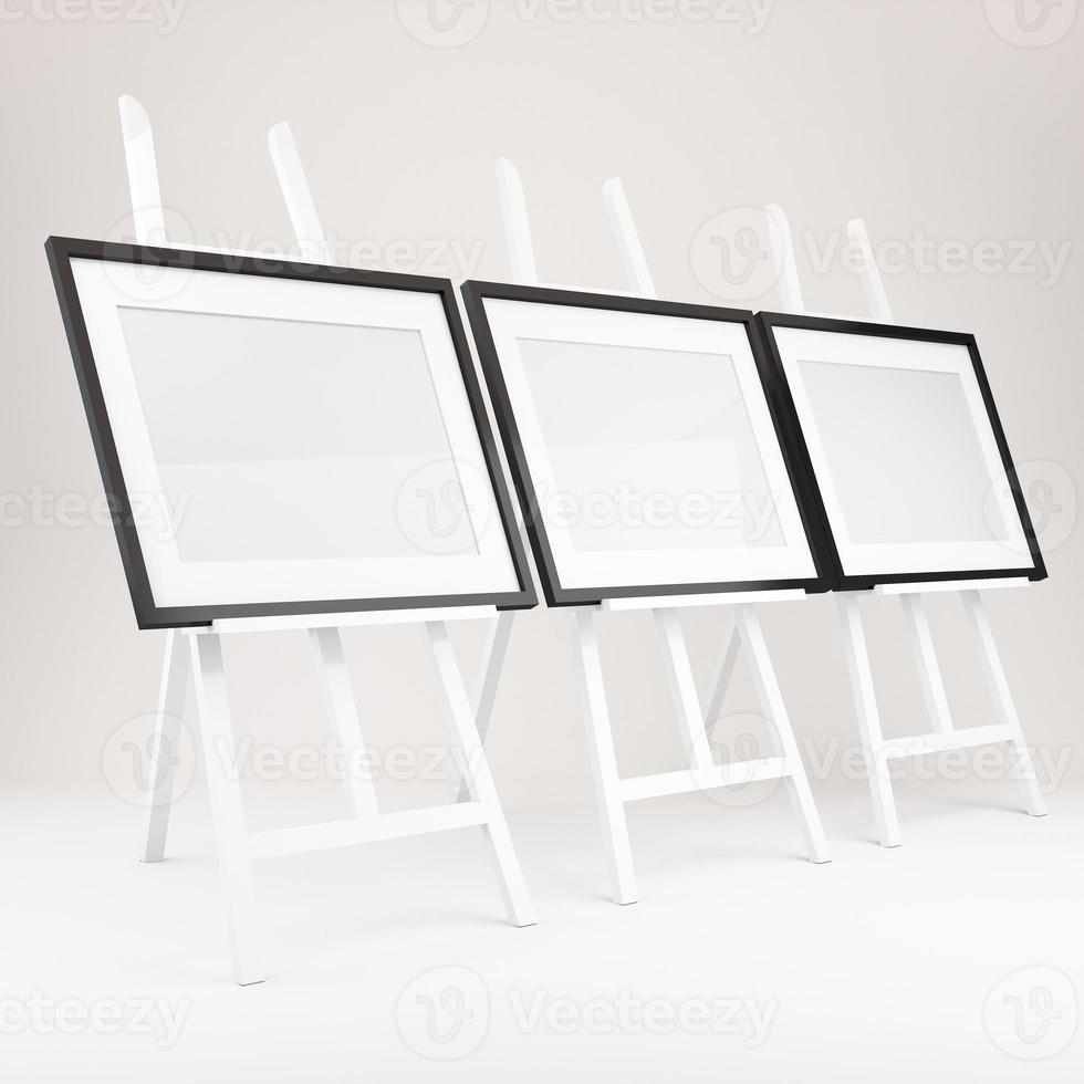 3d rendering of white easel with picture frame photo