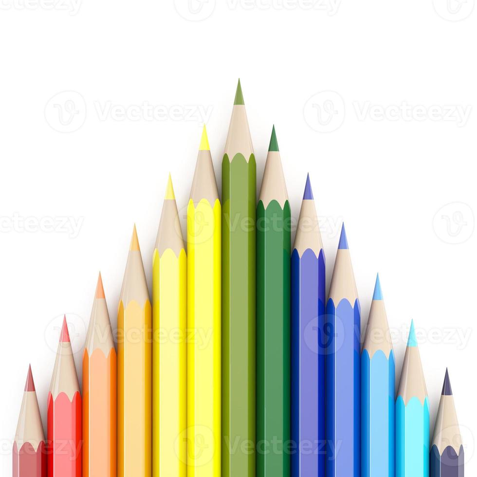 Representación 3D de lápices de colores sobre fondo blanco. foto